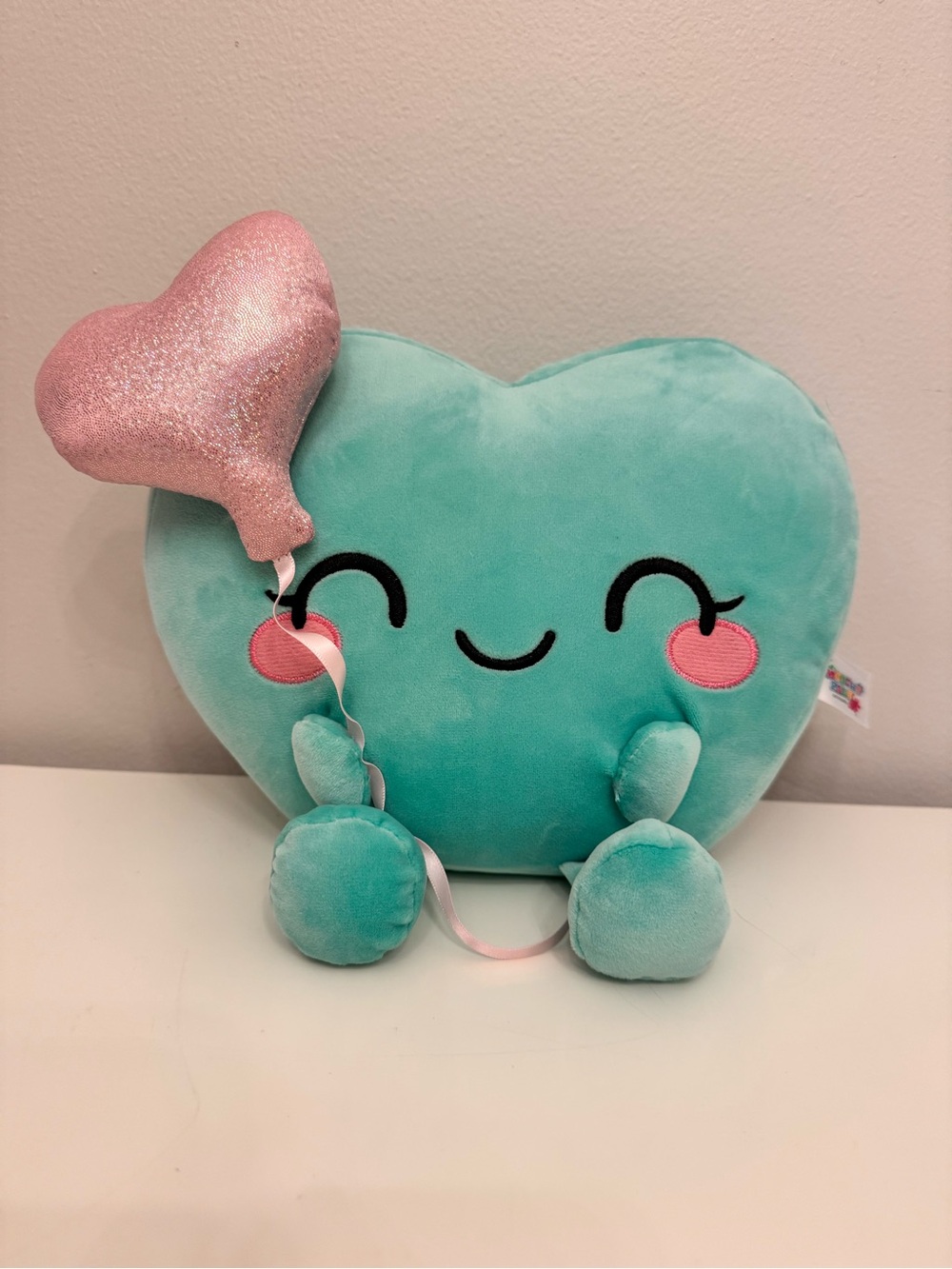 Smooch Pals Teal Heart Plush with Pink Balloon Accent